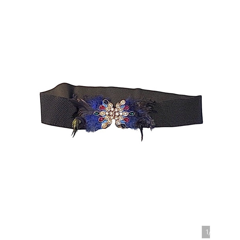 Womens Wide Elastic Cinch Belt Multi Color Rhinestone Butterfly Feather Buckle